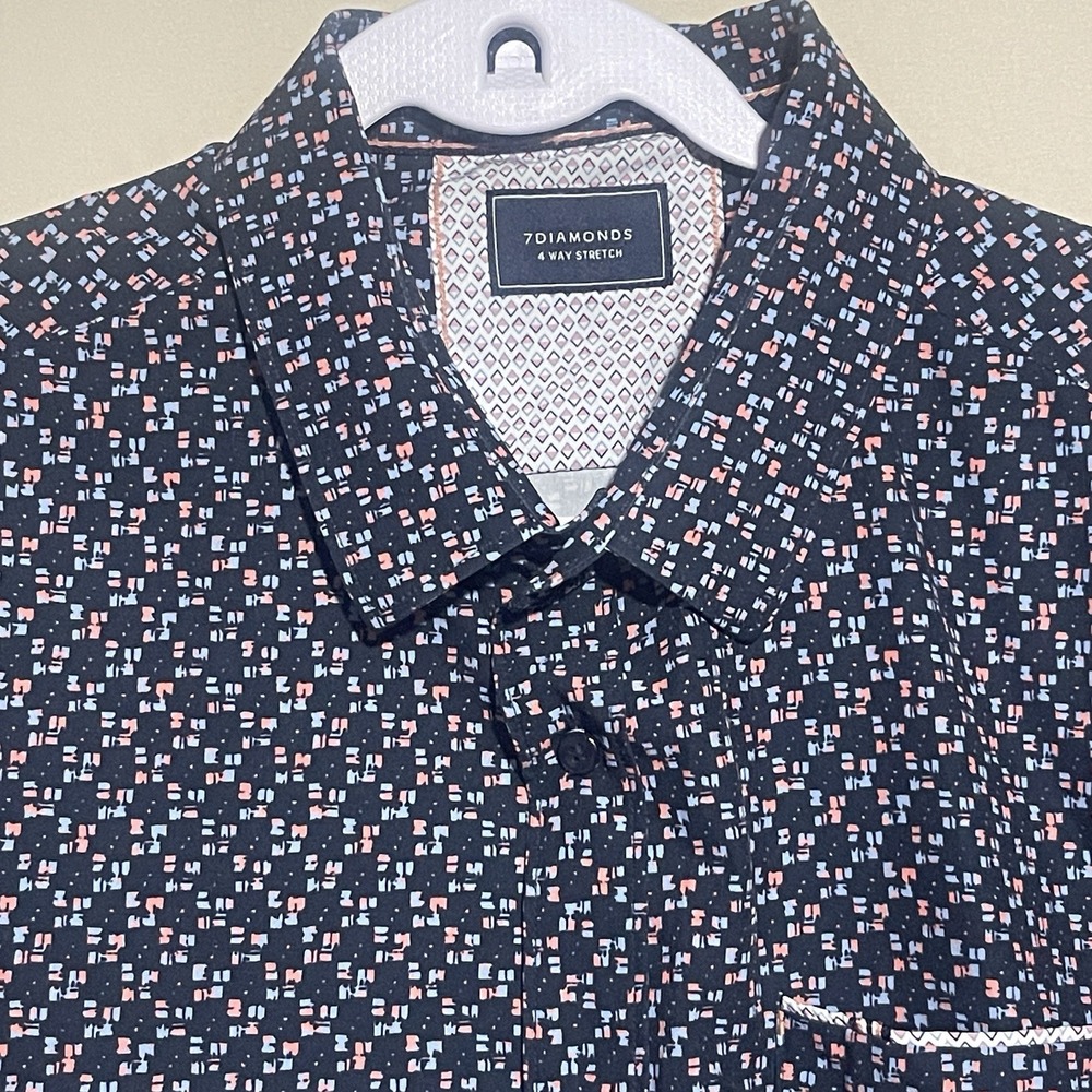 7 Diamonds - Button Down Shirt Mens Large Blue 4-Way Stretch Geometric Print